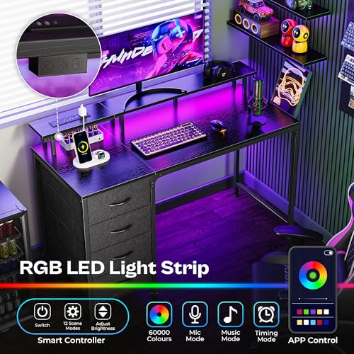 47 Inch Computer Desk with Power Outlets and LED Lights, view 5
