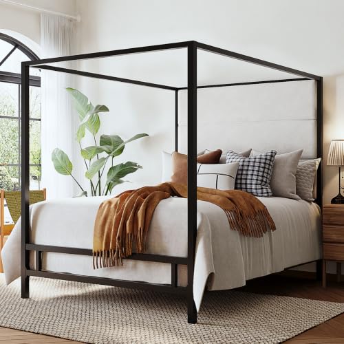 Queen Size Black Metal Canopy Bed Frame, 76.5" Tall Velvet Upholstered Headboard, view 2
