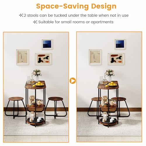 3-Piece Dining Table Set, Wooden Industrial Kitchen Table and 2 Stools with 2-Tier Storage Shelves and Metal Frame, Space Saving Dinette Set for Living Room, Breakfast Nook, Rustic Brown