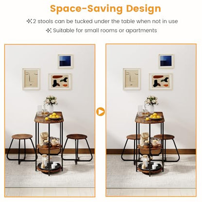 3-Piece Dining Table Set, Wooden Industrial Kitchen Table and 2 Stools with 2-Tier Storage Shelves and Metal Frame, Space Saving Dinette Set for Living Room, Breakfast Nook, Rustic Brown