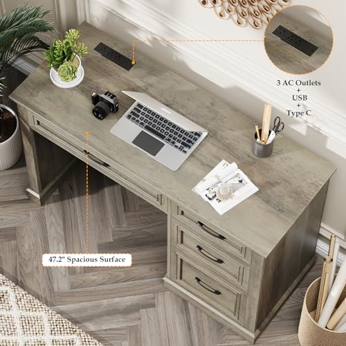 Farmhouse 47" Executive Desk, Computer Desk with Drawers and File Drawer, Workstation Computer Desk with Charging Station for Home Office,Study,（Dark Grey