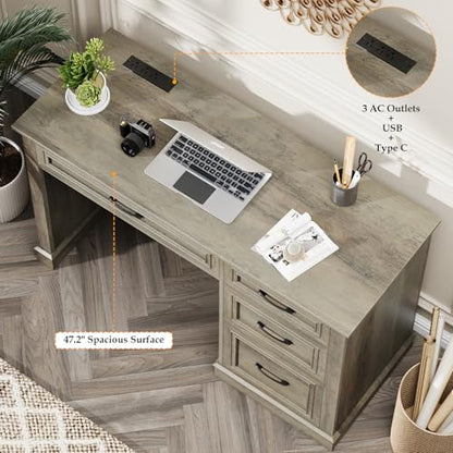 Farmhouse 47" Executive Desk, Computer Desk with Drawers and File Drawer, Workstation Computer Desk with Charging Station for Home Office,Study,（Dark Grey