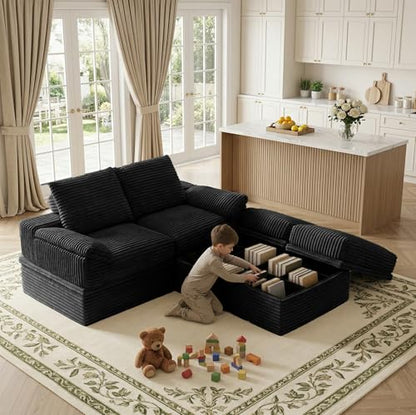 71" Modular Loveseat Sofa with Storage, 2-Seater Boneless Couch with Ottoman, 48" Deep Seat Corduroy Cloud Couch for Small Spaces Apartment, Tool-Free Assembly, Black