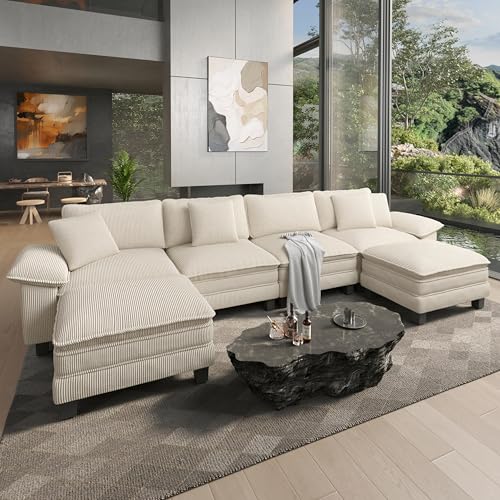 158" Oversized Modular Sectional U Shaped Sofa, Corduroy Beige | 6-Seater Living Room Couches, Wider Armrest and Deep Seat, Comfy Cloud Couch with Ottoman, Wood Sturdy Frame