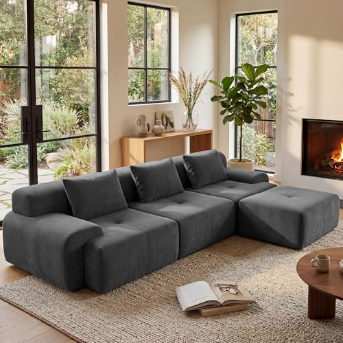 118'' Modular Sectional Oversized Boneless Couch, Tufted Cloud Sectional Couches for Living Room, L Shape Deep Seat Sofa with Ottoman & 3 Throw Pillows,Corduroy Couch,Dark Grey