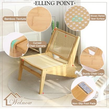 Mid Century Rattan Accent Chair, Bamboo Wood Lounge Chair with Woven Cane Backrest, Low Armchair for Living Room, Bedroom, Balcony or Reading Corner, Natural