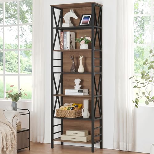 Tall Bookshelf, 7-Tier Book Shelf, Rustic Wood Metal Bookshelves and Bookcases, Freestanding and Industrial Open Bookcase for Home Office, Living Room and Bedroom, Vintage Brown