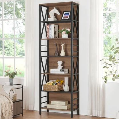 Tall Bookshelf, 7-Tier Book Shelf, Rustic Wood Metal Bookshelves and Bookcases, Freestanding and Industrial Open Bookcase for Home Office, Living Room and Bedroom, Vintage Brown