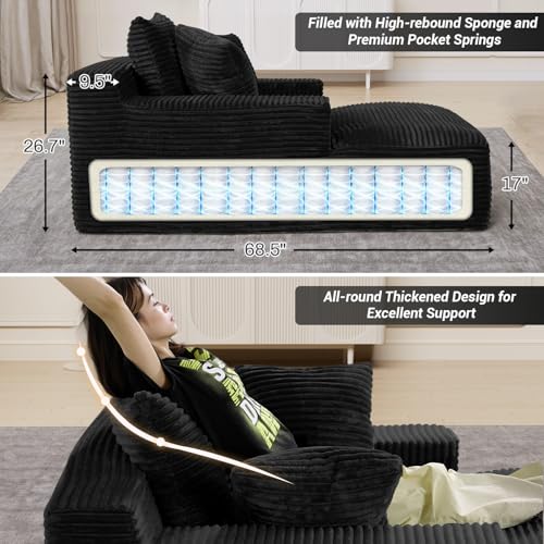 50"W x 68"D Oversized Chaise Lounge Chair Indoor Boneless Reading Chair Plush Corduroy Recliner Large Deep Seat Upholstered Sleeper Comfy Sofa Bed Couch with 3 Pillows for Living Room Bedroom, Black