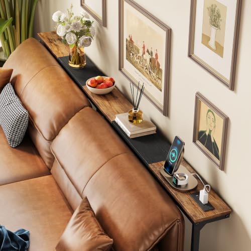Behind Couch Table, Adjustable Height (4 Levels), 76.9" Long Narrow Console Table with Power Strip (2 AC, USB & USB-C) & Anti-Tip Wall Screws, Slim Sofa Table for Living Room