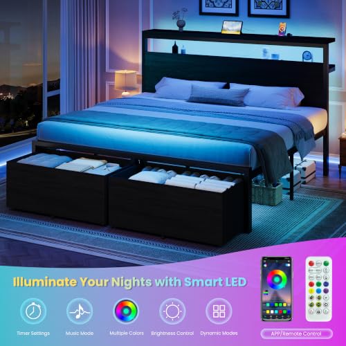 King LED Bed Frame, 2 Storage Drawers, Charging Station, Black, view 8
