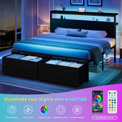 King LED Bed Frame, 2 Storage Drawers, Charging Station, Black, view 8