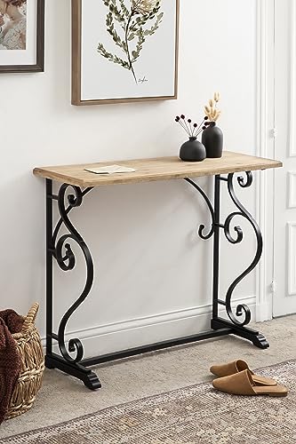 Wyldwood Solid Wood Farmhouse Console Table, 36 x 13 x 30, Hazelnut and Black, Rustic Ornate Wood and Metal Entryway Table with Unique Scrolling Base Design