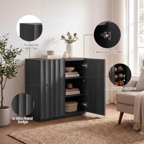 Sideboard Cabinet, 94.11" Buffet Fluted Cabinet, Charcoal Oak, view 5