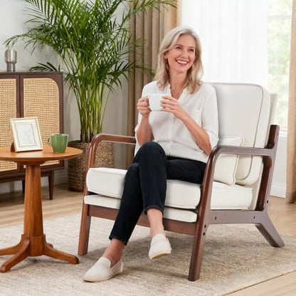 Accent Chairs Set of 2,Mid Century Modern Chair with Arms and Waist Cushion, Reading Chairs for Adults, Lounge Chair for Living Room and Bedroom, Solid Wooden Frame, Cream