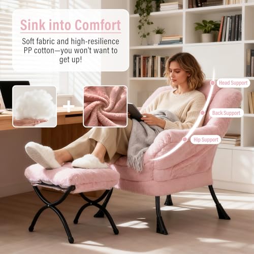 Lazy Chair with Ottoman, Modern Accent Chair with Armrests and a Side Pocket, Plush Pink Accent Chairs, Reading Chairs, Oversized Armchairs for Bedroom, Study, Living Room, Courtyard