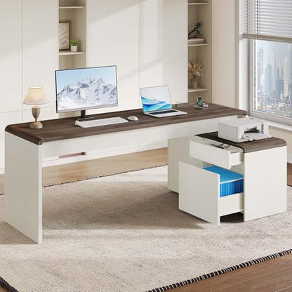 78.7 Inch Large L Shaped Desk with Drawers, White & Walnut, 2 Pack, view 8