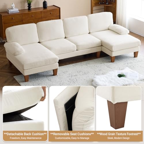 110" Sectional Couches for Living Room,U Shaped Couch with Double Chaise, 4-Seat Sofa Set with Chenille Fabric for Home Furniture,Beige