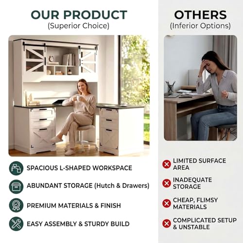 Farmhouse L Shaped Executive Desk with Hutch and 6 Drawer, 57" Home Office Desk with Power Outlet and 2 File Drawers, Corner Computer Desk with Storage Shelves and Sliding Door for Home Office