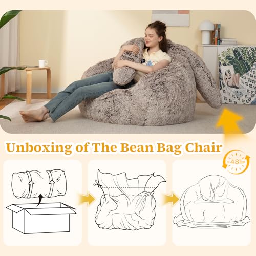 Bean Bag Chair for Adults Teens Giant Fluffy Plush Bean Bag Sofa with Filler Faux Fur Rabbit Shaped Beanbag Chairs Comfy Accent Floor Couch for Gaming, Reading in Bedroom, Living Room, Dorm