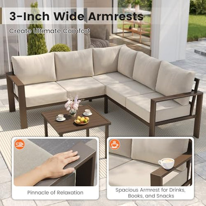 6 Piece Patio Furniture Set, Metal Outdoor Sectional Sofa with 6" Thick Olefin Cushions, Wide Armrest & Coffee Table, L Shaped Outdoor Furniture for Garden, Backyard Beige