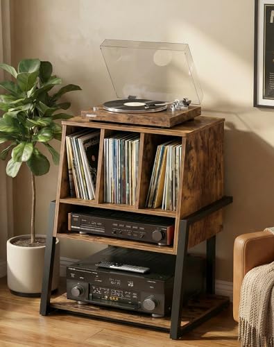 Record Player Stand with Power Outlet, Rustic Brown, view 4