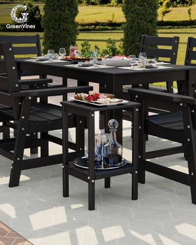 Tall-Outdoor-Side-Table | 23.5" | HDPE Plastic | Patio Adirondack End Tables | All Weather | 2-Tier | Black | for Porch Garden Indoor & Rocking Chairs