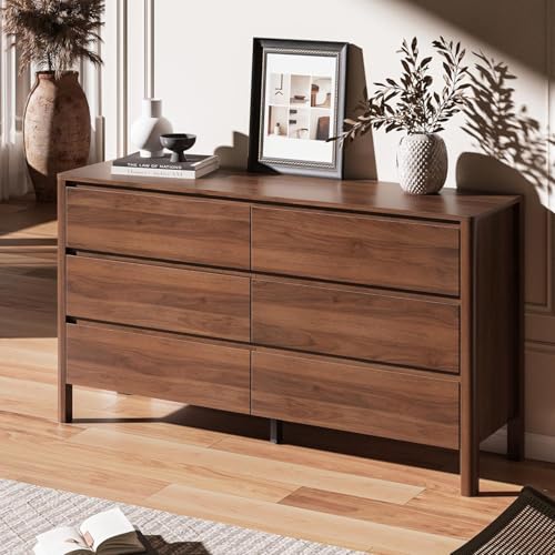 Walnut 6 Drawer Dresser for Bedroom, 55"Wide Modern Wood Dresser, view 5