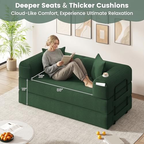80" Convertible Sofa Bed, 5 in 1 Modular Boneless Couch Sleeper Sofa Bed with Fixed Frame & Removable Backrest Pillow, Washable Corduroy Futon Sofa Bed Couch in a Box for Small Spaces, Dark Green