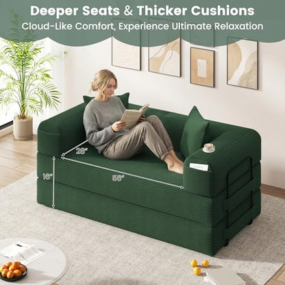 80" Convertible Sofa Bed, 5 in 1 Modular Boneless Couch Sleeper Sofa Bed with Fixed Frame & Removable Backrest Pillow, Washable Corduroy Futon Sofa Bed Couch in a Box for Small Spaces, Dark Green