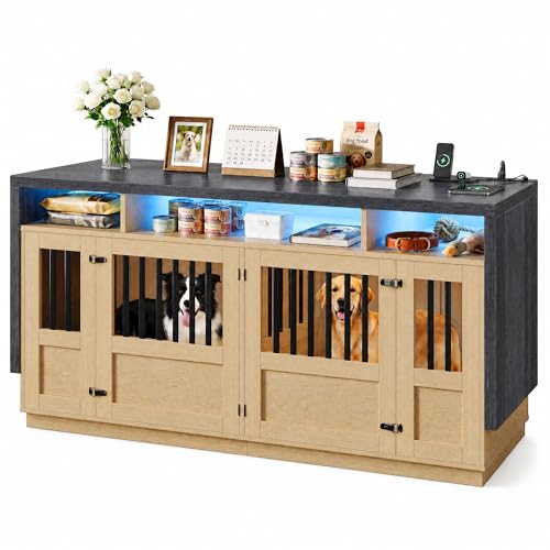 Furniture Dog Crate, 71" Double Dog Crate Furniture Natural & Grey, view 8