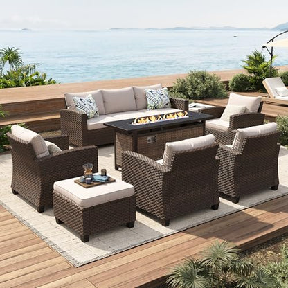 Patio Furniture Set Outdoor Furniture Brown Wicker Rattan Patio Conversation Sets with Cushion Outside Sofa Set,7 Pieces with Rectangular Firepit Table,9 Seats,Beige
