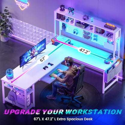White L Shaped Gaming Desk with Hutch, Power Outlet and Pegboard, view 6