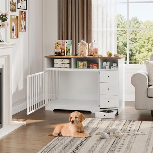 Dog Crate Furniture with Drawers, Wooden Dog Cage with Pull‑Out Dog Bowl, view 4