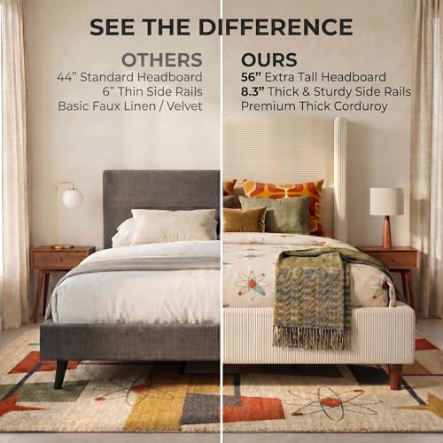 WEUP Queen Size Bed Frame with 56 Inch Corduroy Wingback Headboard, Cream, view 6