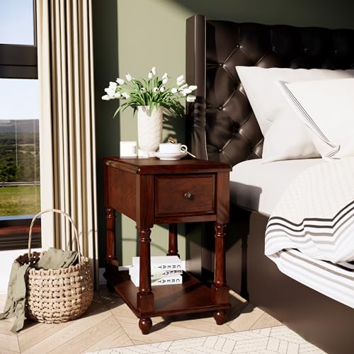 Narrow End SideTable with Drawer and Storage Shelf, Solid Wood Sofa Tables, Slim Beside Table- Telephone for Small Spaces, Living Room, 22"L x 13"W x 22.7"H No-tools Assembly Dark Walnut BBJ004DWA