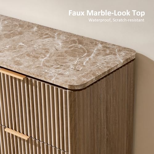 63"W Fluted 9 Drawer Bedroom Dresser, with Faux Marble Top,Natural Oak, view 5