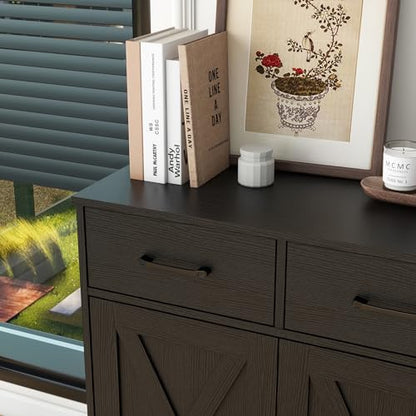 Sideboard 2 Drawers 2 Doors Entryway Storage Cabinet Living Room Organizer Farmhouse Style Wooden Kitchen Cupboard (Black)