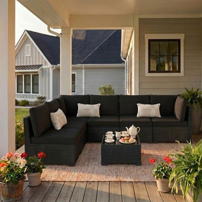 7-Piece Patio Furniture Set, All-Weather PE Rattan Outdoor Sectional Sofa, Modular Wicker Conversation Set with Thick Washable & Easy-Clean Coffee Table（Black/Black-X）