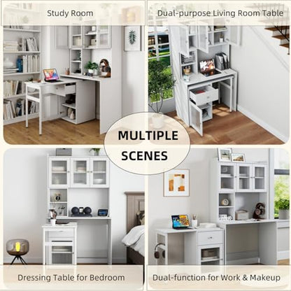 L Shaped Home Office Desks with 90° Rotating Retractable Desktop, Glass Door, view 8