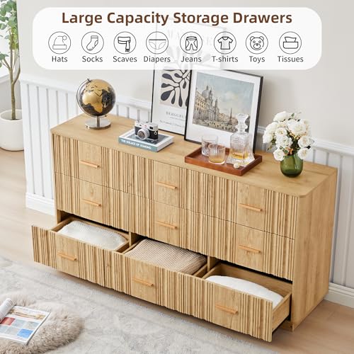 Fluted 9 Drawer Dresser,59"Wide Modern Chest of Drawers with Sturdy Base,Wood Closet Organizers,TV Stand,Storage Dresser with 9 Deep Drawers for Bedroom Living Room Hallway Entryway Nursery(Natural)