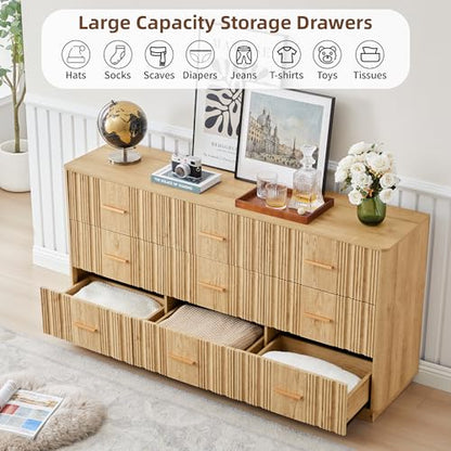 Fluted 9 Drawer Dresser,59"Wide Modern Chest of Drawers with Sturdy Base,Wood Closet Organizers,TV Stand,Storage Dresser with 9 Deep Drawers for Bedroom Living Room Hallway Entryway Nursery(Natural)