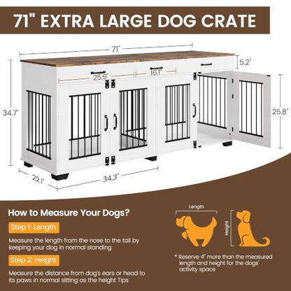 71'' Large Dog Crate for 2 Dogs, Dog Crate with 3 Drawer, White, view 3