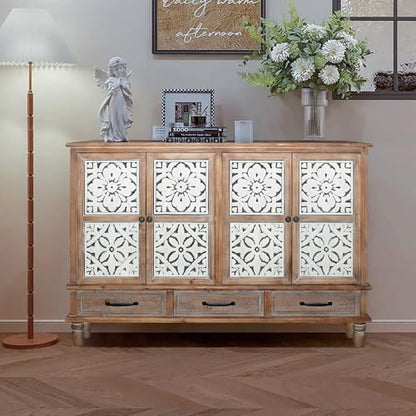 59" Vintage Sideboard Buffet Cabinet with Storage,French Country Sideboard with Carved Doors,Farmhouse Credenza Accent Cabinet, Natural Wood
