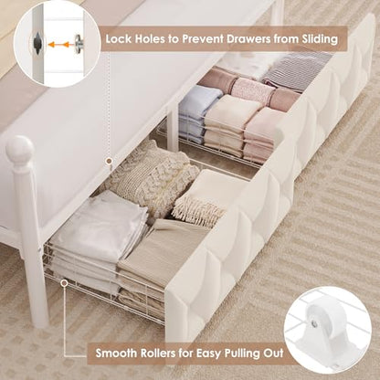 Full Size LED Canopy Bed Frame with Storage & Charging Station, Beige, view 7
