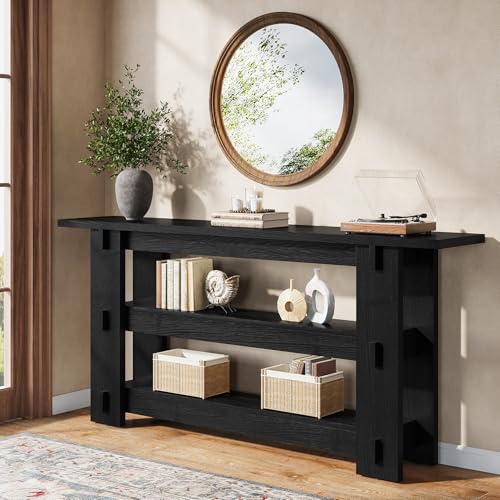 63-Inch Solid Wood Console Table, Farmhouse Sofa Table Behind Couch with Storage Shelves, Entryway Furniture for Living Room, Hallway, Foyer, Black