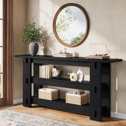63-Inch Solid Wood Console Table, Farmhouse Sofa Table Behind Couch with Storage Shelves, Entryway Furniture for Living Room, Hallway, Foyer, Black