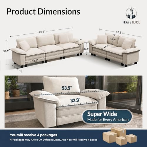 2 Pieces Modular Loveseat Couch & 3-Seat Sectional Sofa Set | Modern 5-Seater Cloud Sofa Set, Beige, Wider Armrest, Comfy Deep Seat, Soft Chenille Furniture Set for Living Room