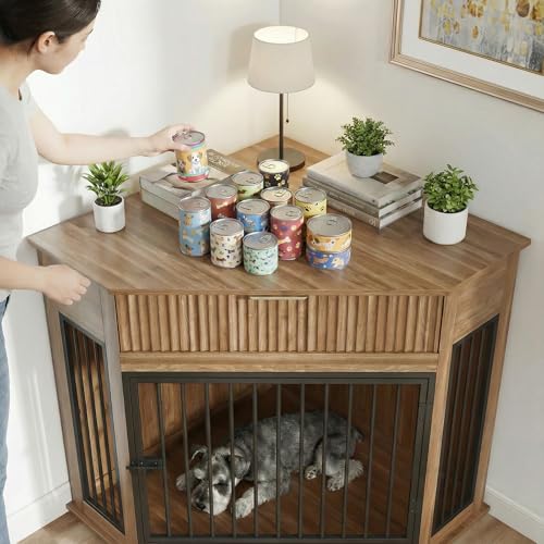 44.6'' Corner Dog Crate Furniture, Wooden Dog Crate with Storage Drawer, view 5