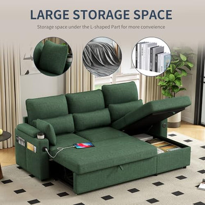 81" L-Shaped Sectional Sofa Couch, Pull-Out Sleeper Sofa Bed with Storage Chaise, Double Cup Holders, Dual USB Charging Ports, Couches for Living Room Apartment